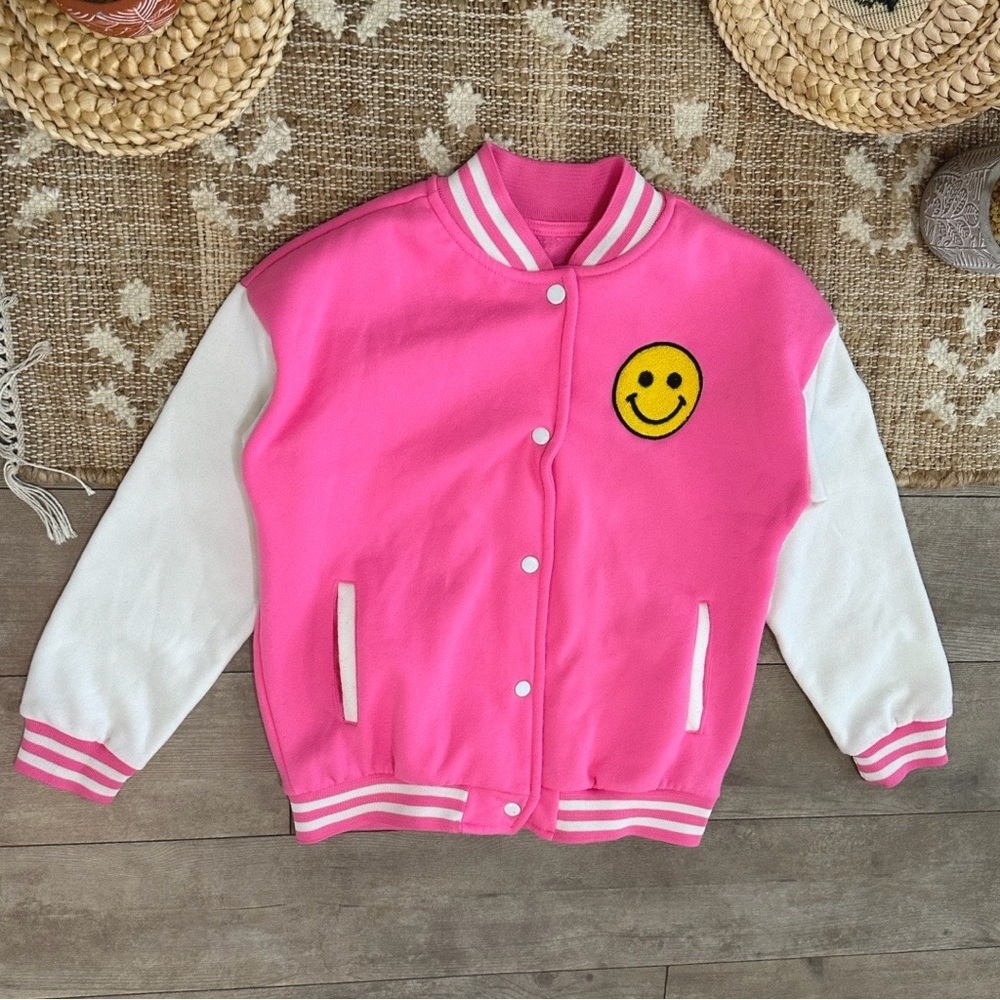 Boutique Girl’s Pink and White Varsity Jacket with Smiley Patch Size XL